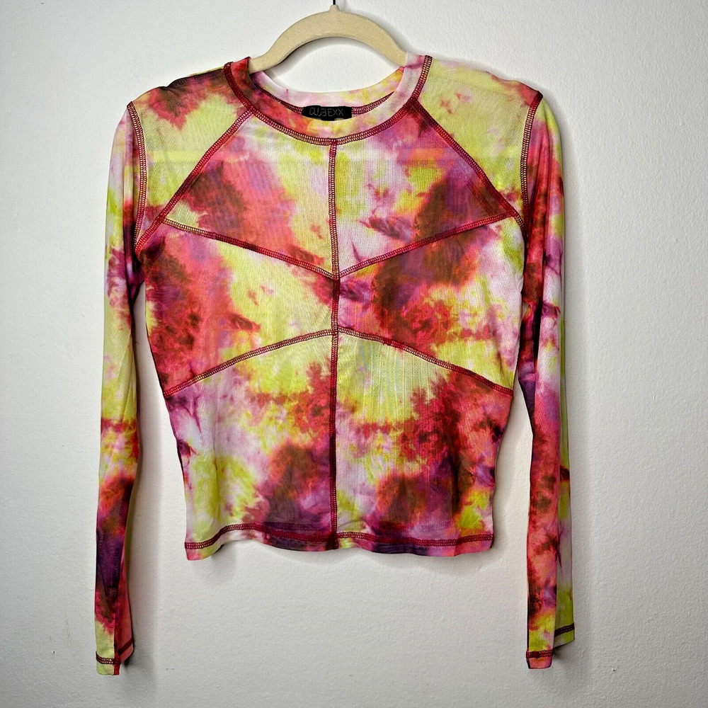 Club Exx Long Sleeve Mesh Crop and Matching Mini Skirt Tie Dye Pink Yellow Red L